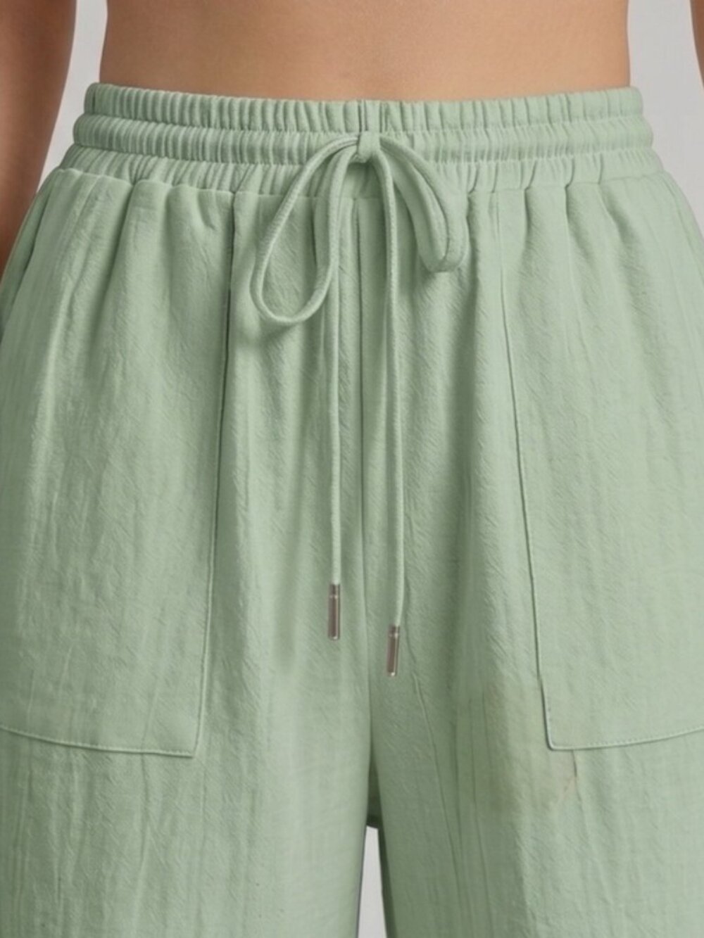 100% Cotton Drawstring Waist Wide Leg Pants Mint Green - Picture 2 of 5